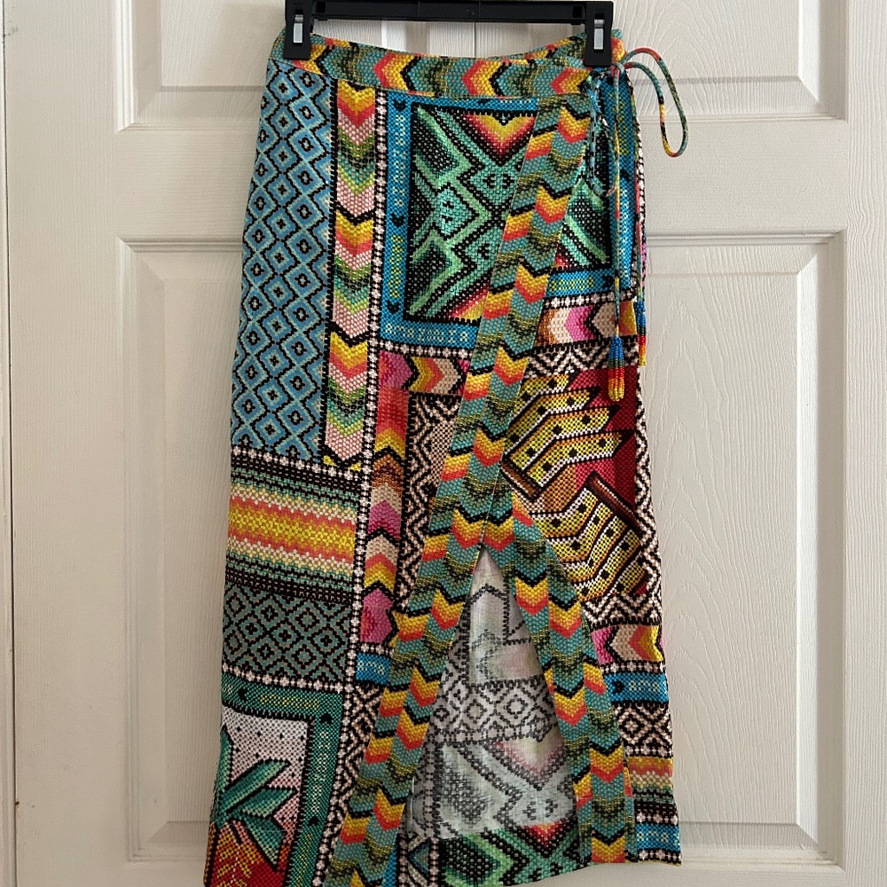NWT Anthropologie Farm Rio Multicolor Linen Midi Wrap Tassel Skirt Size XS